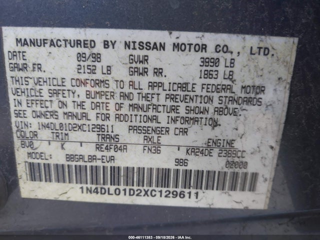 Aukcja sprzedaży 1999 Nissan Altima Gle/gxe/se/se-l/xe, vin: 1N4DL01D2XC129611, numer aukcji: 46111383
