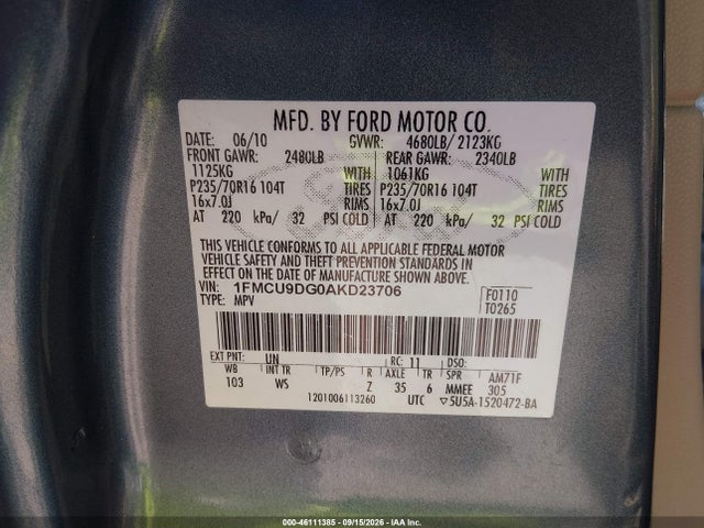 Продажа на аукционе авто 2010 Ford Escape Xlt, vin: 1FMCU9DG0AKD23706, номер лота: 46111385