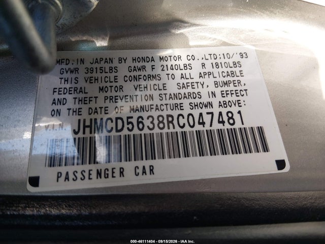 46111404 :رقم المزاد ، JHMCD5638RC047481 vin ، 1994 Honda Accord Lx مزاد بيع