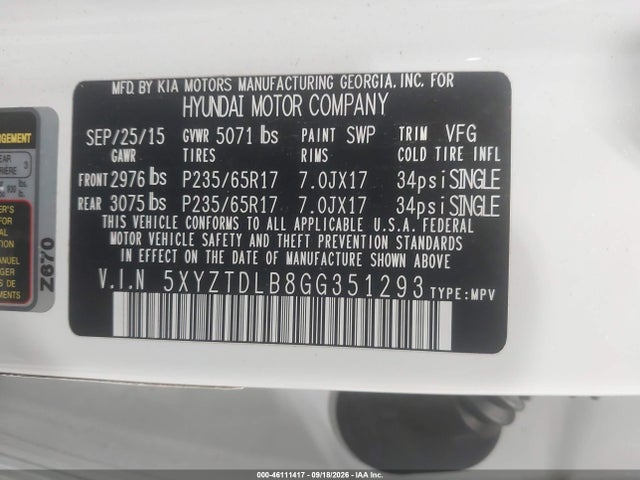 Aukcja sprzedaży 2016 Hyundai Santa Fe Sport 2.4l, vin: 5XYZTDLB8GG351293, numer aukcji: 46111417