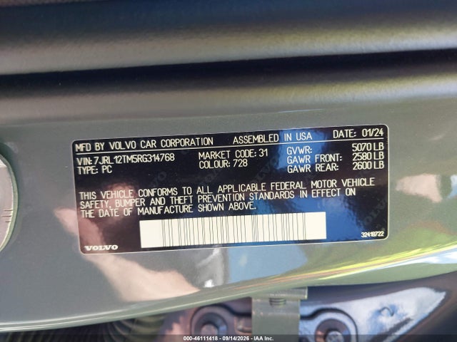 Aukcja sprzedaży 2024 Volvo S60 B5 Ultimate Dark Theme, vin: 7JRL12TM5RG314768, numer aukcji: 46111418