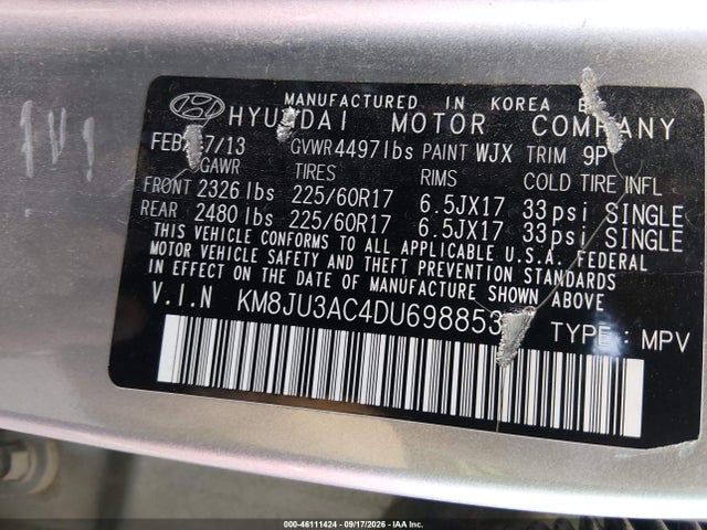 46111424 :رقم المزاد ، KM8JU3AC4DU698853 vin ، 2013 Hyundai Tucson Gls مزاد بيع
