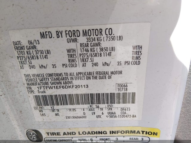 Auction sale of the 2013 Ford F-150 Xlt, vin: 1FTFW1EF6DKF20113, lot number: 46111425