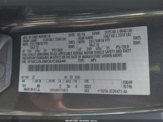 Продажа на аукционе авто 2016 Ford Escape Titanium, vin: 1FMCU9J96GUC58248, номер лота: 46111428