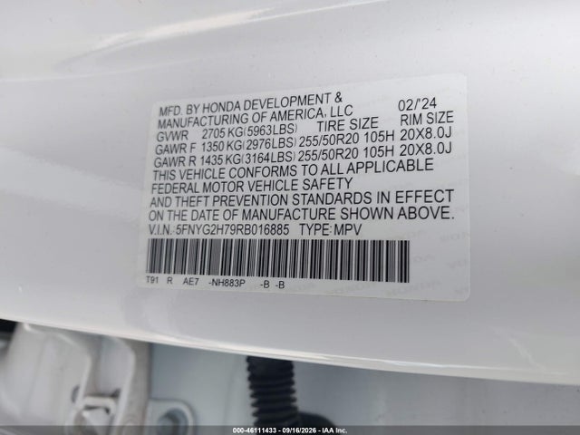 Продажа на аукционе авто 2024 Honda Pilot Touring, vin: 5FNYG2H79RB016885, номер лота: 46111433