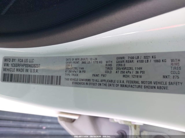 2025 Ram 1500 Limited  4x4 5'7 Box მანქანა იყიდება აუქციონზე, vin: 1C6SRFHP8SN638237, აუქციონის ნომერი: 46111434