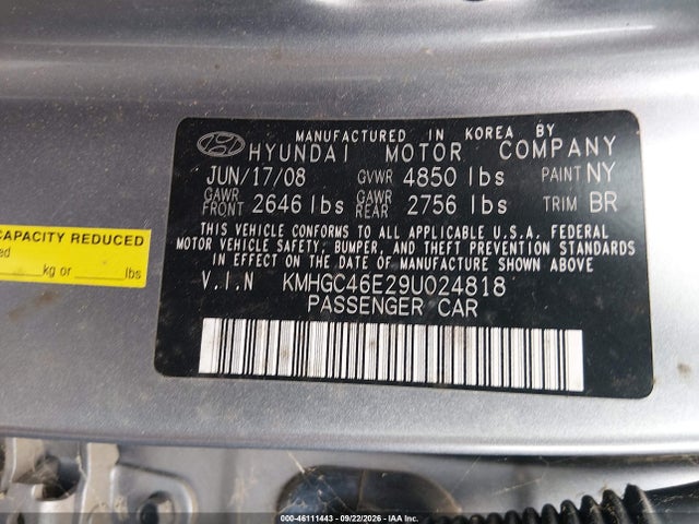 46111443 :رقم المزاد ، KMHGC46E29U024818 vin ، 2009 Hyundai Genesis 3.8 مزاد بيع