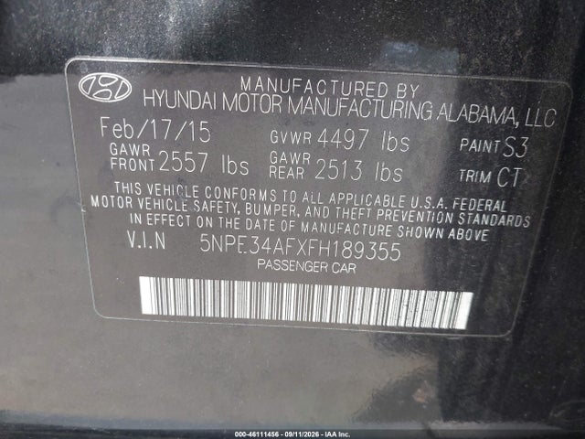 2015 Hyundai Sonata Limited მანქანა იყიდება აუქციონზე, vin: 5NPE34AFXFH189355, აუქციონის ნომერი: 46111456