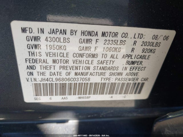 Продажа на аукционе авто 2006 Acura Tsx, vin: JH4CL96806C037058, номер лота: 46111463