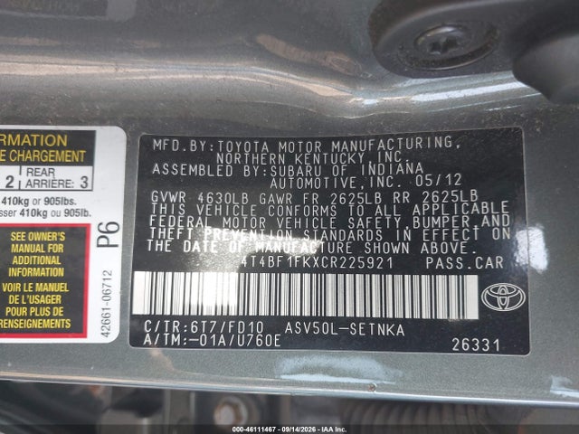 2012 Toyota Camry Le მანქანა იყიდება აუქციონზე, vin: 4T4BF1FKXCR225921, აუქციონის ნომერი: 46111467