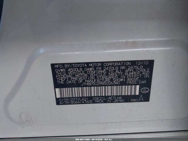 46111469 :رقم المزاد ، JTHBE5C29B5026380 vin ، 2011 Lexus Is 350 مزاد بيع