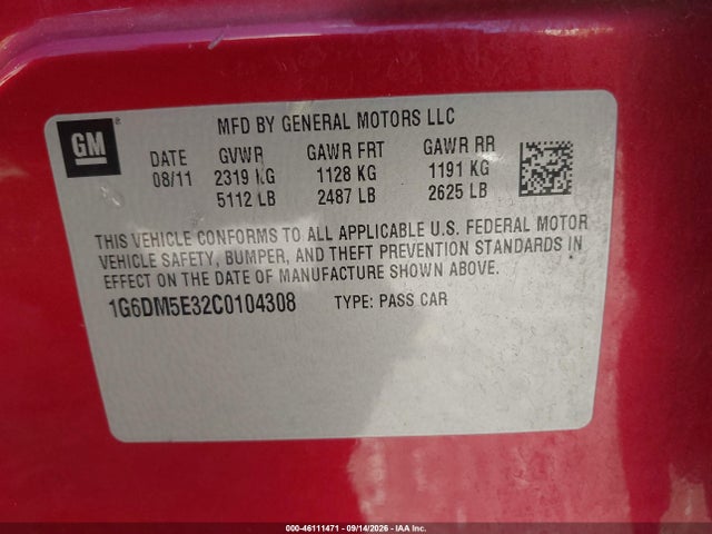 Продажа на аукционе авто 2012 Cadillac Cts Performance, vin: 1G6DM5E32C0104308, номер лота: 46111471