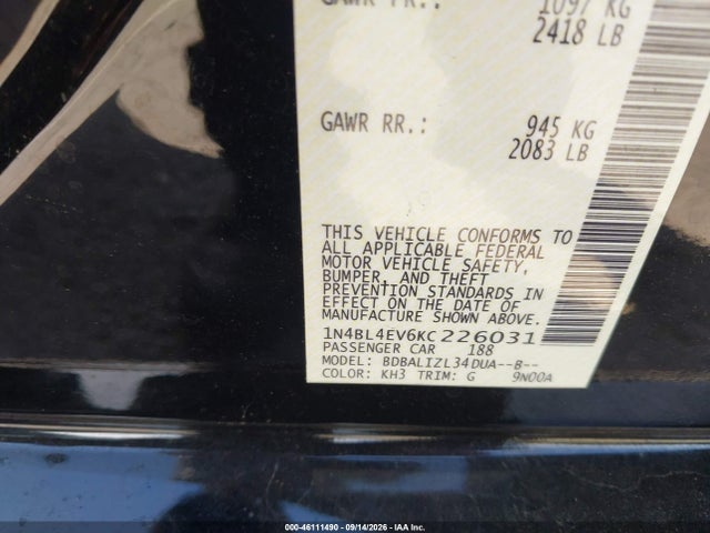 Nissan Altima 2.5 Sl 2019 1N4BL4EV6KC226031 Image 9