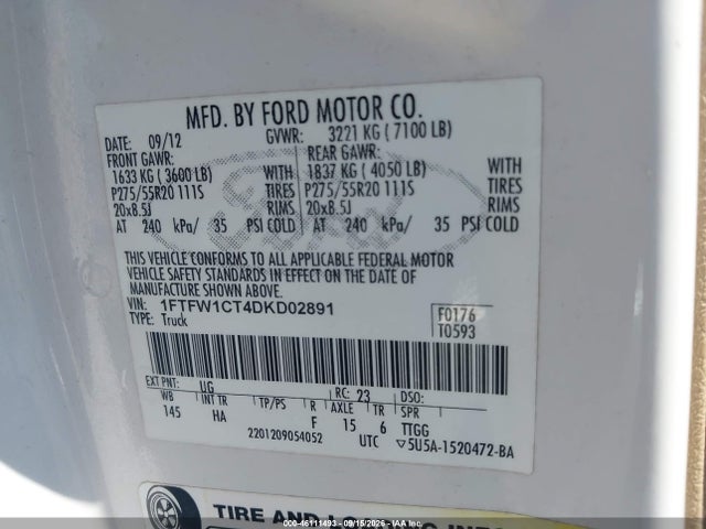 Продажа на аукционе авто 2013 Ford F-150 Lariat, vin: 1FTFW1CT4DKD02891, номер лота: 46111493