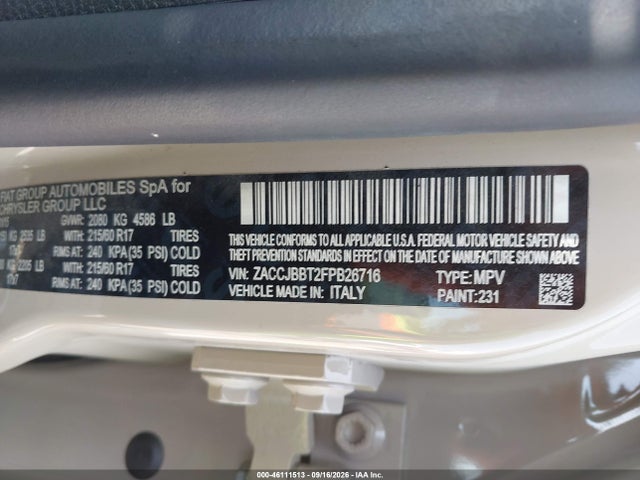 Продаж на аукціоні авто 2015 Jeep Renegade Latitude, vin: ZACCJBBT2FPB26716, номер лоту: 46111513