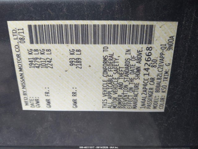 46111517 :رقم المزاد ، 1N4AL2AP4CC142668 vin ، 2012 Nissan Altima 2.5 S مزاد بيع
