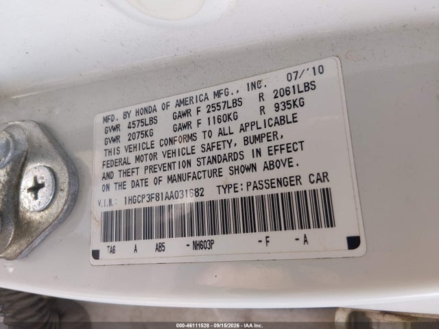 46111528 :رقم المزاد ، 1HGCP3F81AA031682 vin ، 2010 Honda Accord 3.5 Ex-l مزاد بيع