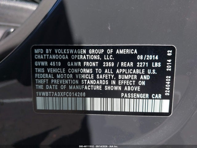 Продажа на аукционе авто 2015 Volkswagen Passat 1.8t Sport, vin: 1VWBT7A3XFC014266, номер лота: 46111532