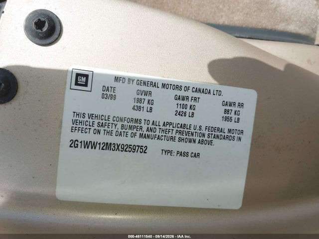 1999 Chevrolet Monte Carlo Ls მანქანა იყიდება აუქციონზე, vin: 2G1WW12M3X9259752, აუქციონის ნომერი: 46111540