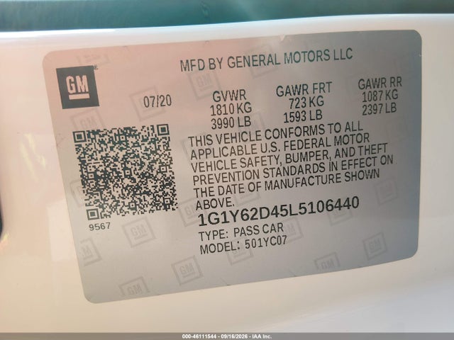 46111544 :رقم المزاد ، 1G1Y62D45L5106440 vin ، 2020 Chevrolet Corvette Stingray مزاد بيع