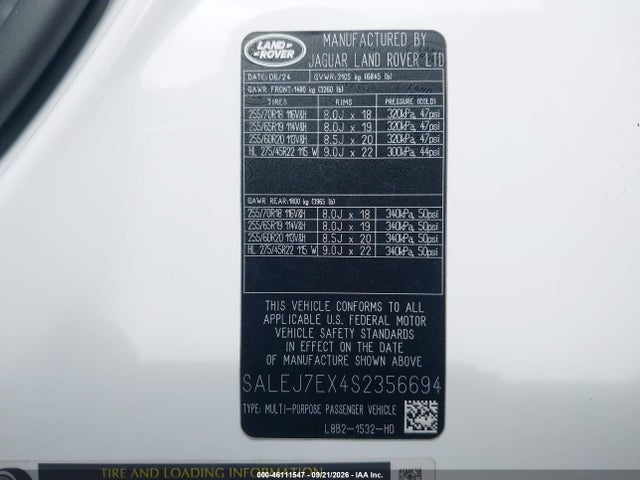 46111547 :رقم المزاد ، SALEJ7EX4S2356694 vin ، 2025 Land Rover Defender 110 P300 مزاد بيع