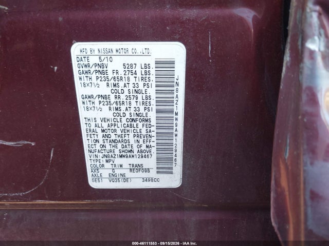 Auction sale of the 2010 Nissan Murano Sl, vin: JN8AZ1MW9AW129467, lot number: 46111553