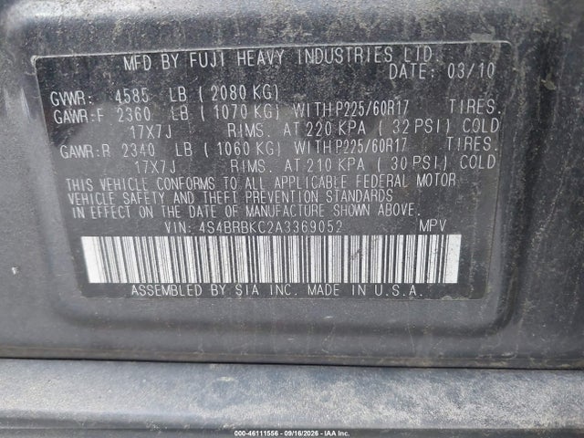 46111556 :رقم المزاد ، 4S4BRBKC2A3369052 vin ، 2010 Subaru Outback 2.5i Limited مزاد بيع