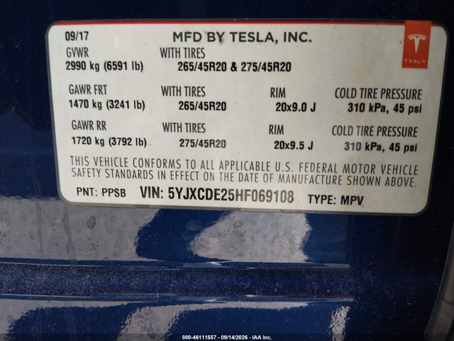 Tesla Model X 100d/75d/90d 2017 5YJXCDE25HF069108 Image 9