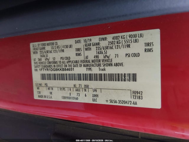 Продаж на аукціоні авто 2019 Ford Transit-250, vin: 1FTYR1DG8KKB84651, номер лоту: 46111569