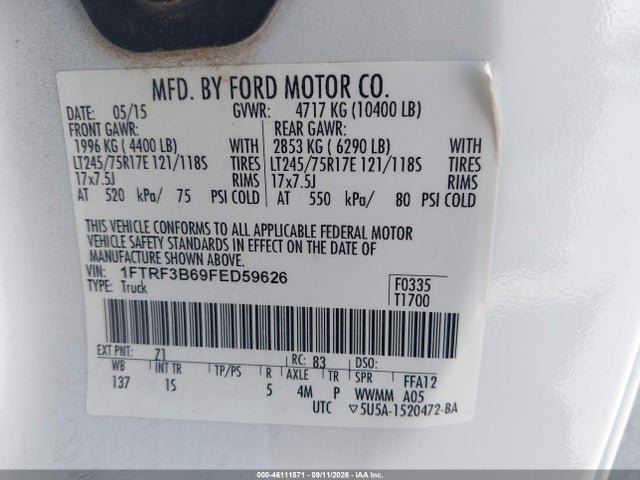 46111571 :رقم المزاد ، 1FTRF3B69FED59626 vin ، 2015 Ford F-350 Xl مزاد بيع