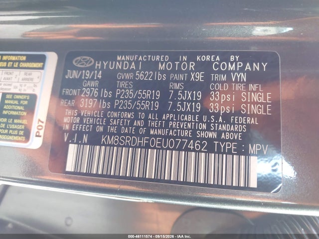 46111574 :رقم المزاد ، KM8SRDHF0EU077462 vin ، 2014 Hyundai Santa Fe Limited مزاد بيع
