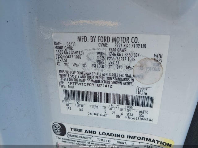 Aukcja sprzedaży 2011 Ford F-150 Xlt, vin: 1FTFW1CF0BFB71412, numer aukcji: 46111576