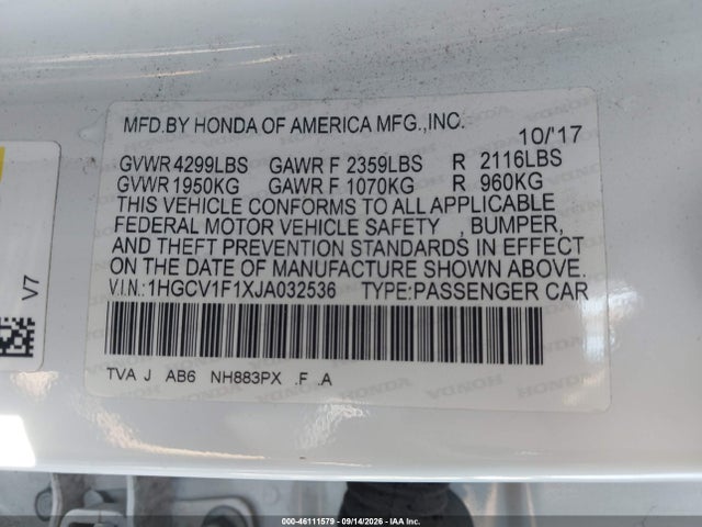 Honda ACCORD LX 2018 1HGCV1F1XJA032536 Image 9