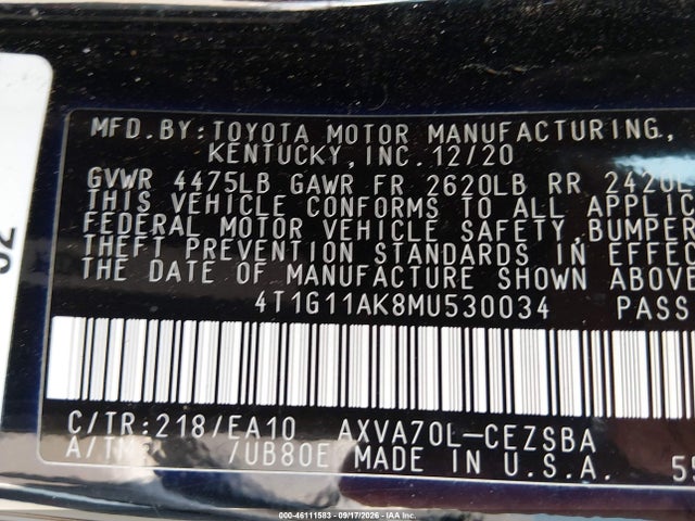 Aukcja sprzedaży 2021 Toyota Camry Se, vin: 4T1G11AK8MU530034, numer aukcji: 46111583