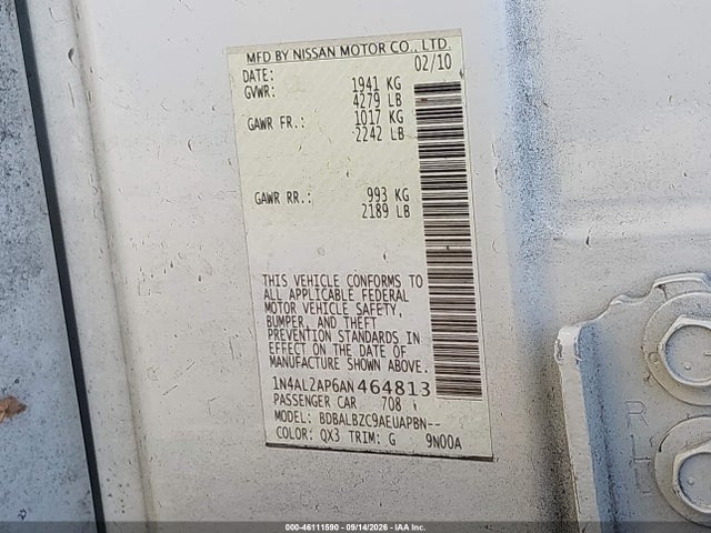 Aukcja sprzedaży 2010 Nissan Altima 2.5 S, vin: 1N4AL2AP6AN464813, numer aukcji: 46111590