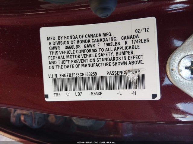 Продаж на аукціоні авто 2012 Honda Civic Lx, vin: 2HGFB2F53CH553259, номер лоту: 46111597