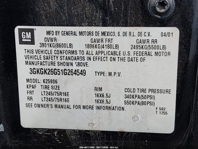 46111595 :رقم المزاد ، 3GKGK26G51G264549 vin ، 2001 Gmc Yukon Xl 2500 Slt مزاد بيع