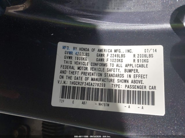 Aukcja sprzedaży 2014 Honda Accord Lx, vin: 1HGCR2F34EA279259, numer aukcji: 46111599