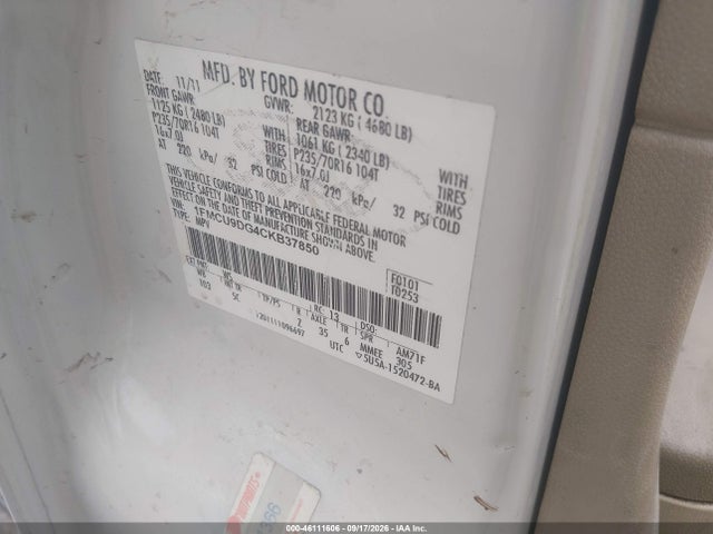 2012 Ford Escape Xlt მანქანა იყიდება აუქციონზე, vin: 1FMCU9DG4CKB37850, აუქციონის ნომერი: 46111606