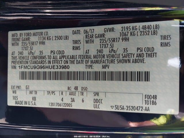 Aukcja sprzedaży 2017 Ford Escape Se, vin: 1FMCU9G96HUE33980, numer aukcji: 46111615
