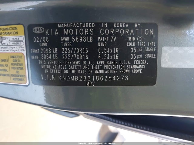 Aukcja sprzedaży 2008 Kia Sedona Lx, vin: KNDMB233186254273, numer aukcji: 46111616