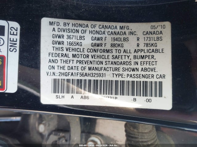 46111624 :رقم المزاد ، 2HGFA1F56AH325931 vin ، 2010 Honda Civic Lx مزاد بيع