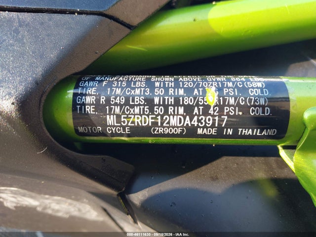 Aukcja sprzedaży 2021 Kawasaki Zr900 F, vin: ML5ZRDF12MDA43917, numer aukcji: 46111630