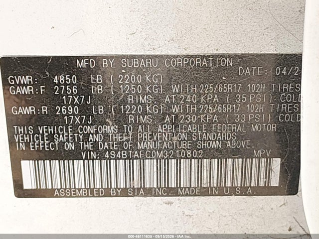 Продажа на аукционе авто 2021 Subaru Outback Premium, vin: 4S4BTAFC0M3210802, номер лота: 46111635