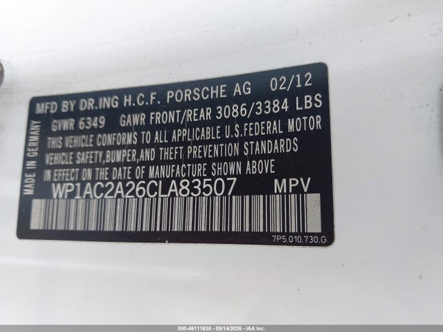 2012 Porsche Cayenne Turbo მანქანა იყიდება აუქციონზე, vin: WP1AC2A26CLA83507, აუქციონის ნომერი: 46111638