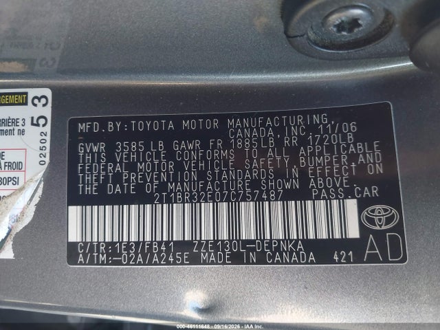 46111648 :رقم المزاد ، 2T1BR32E07C757487 vin ، 2007 Toyota Corolla Le مزاد بيع
