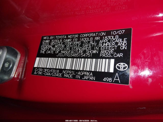 2008 Toyota Yaris მანქანა იყიდება აუქციონზე, vin: JTDJT923485154751, აუქციონის ნომერი: 46111658