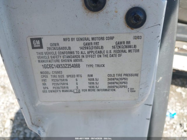 2003 Chevrolet Silverado 1500 Work Truck მანქანა იყიდება აუქციონზე, vin: 1GCEC14X53Z254068, აუქციონის ნომერი: 46111659