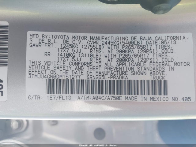 2013 Toyota Tacoma Prerunner V6 მანქანა იყიდება აუქციონზე, vin: 3TMJU4GN0DM151277, აუქციონის ნომერი: 46111661