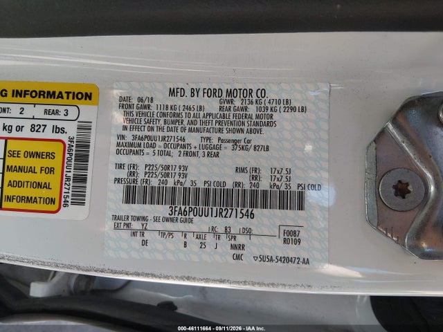 Aukcja sprzedaży 2018 Ford Fusion Hybrid S, vin: 3FA6P0UU1JR271546, numer aukcji: 46111664